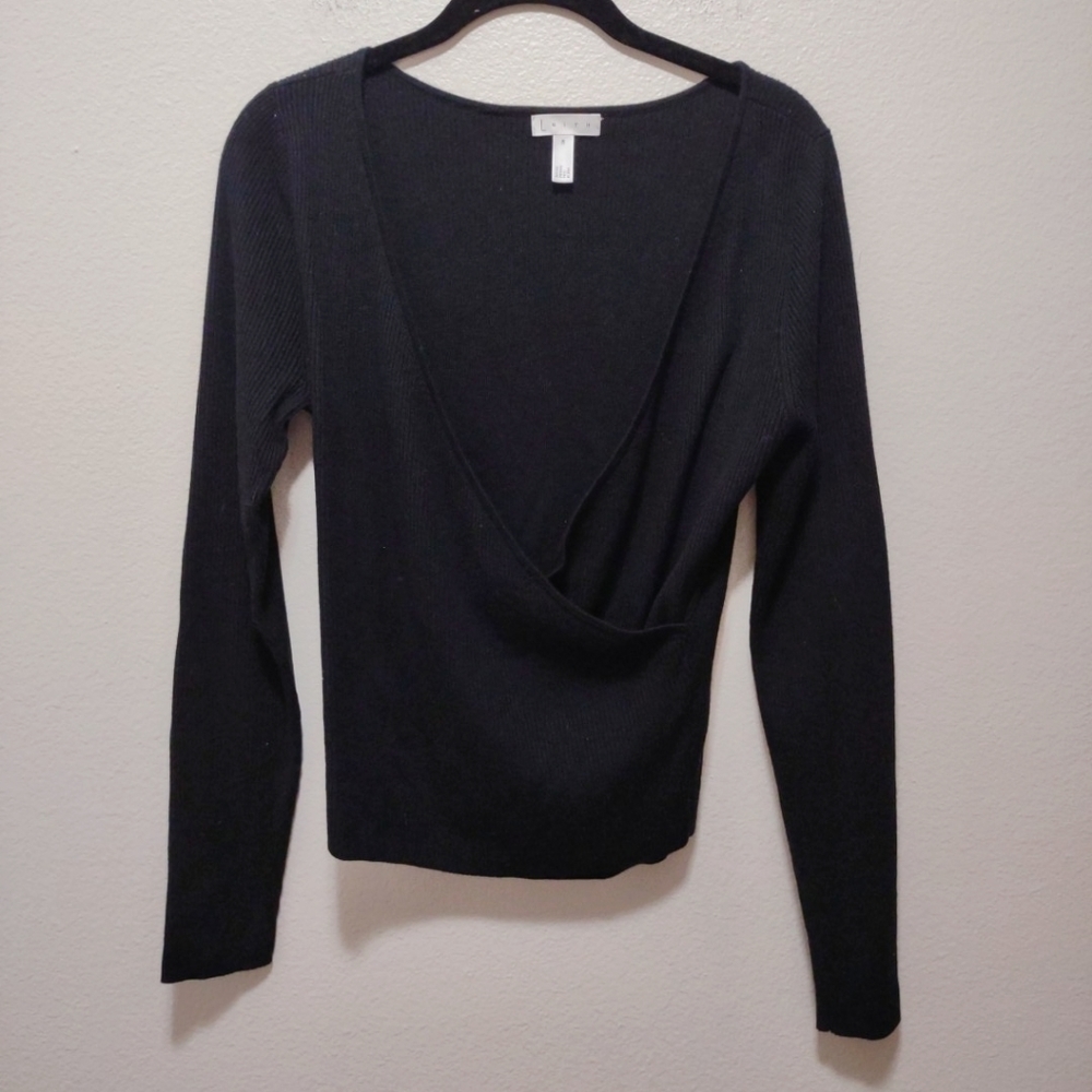 Leith Black Ribbed Long Sleeve Faux Wrap Shirt M